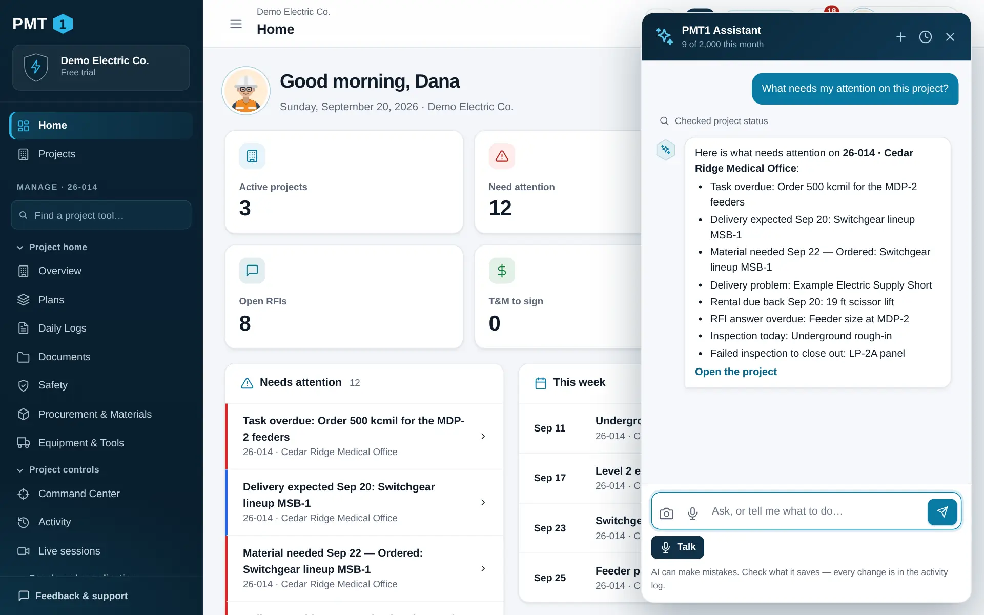 The PMT1 assistant panel open over the home screen. The user asked “What needs my attention on this project?” and the assistant listed eight items drawn from the project’s records, with a link to open the project.