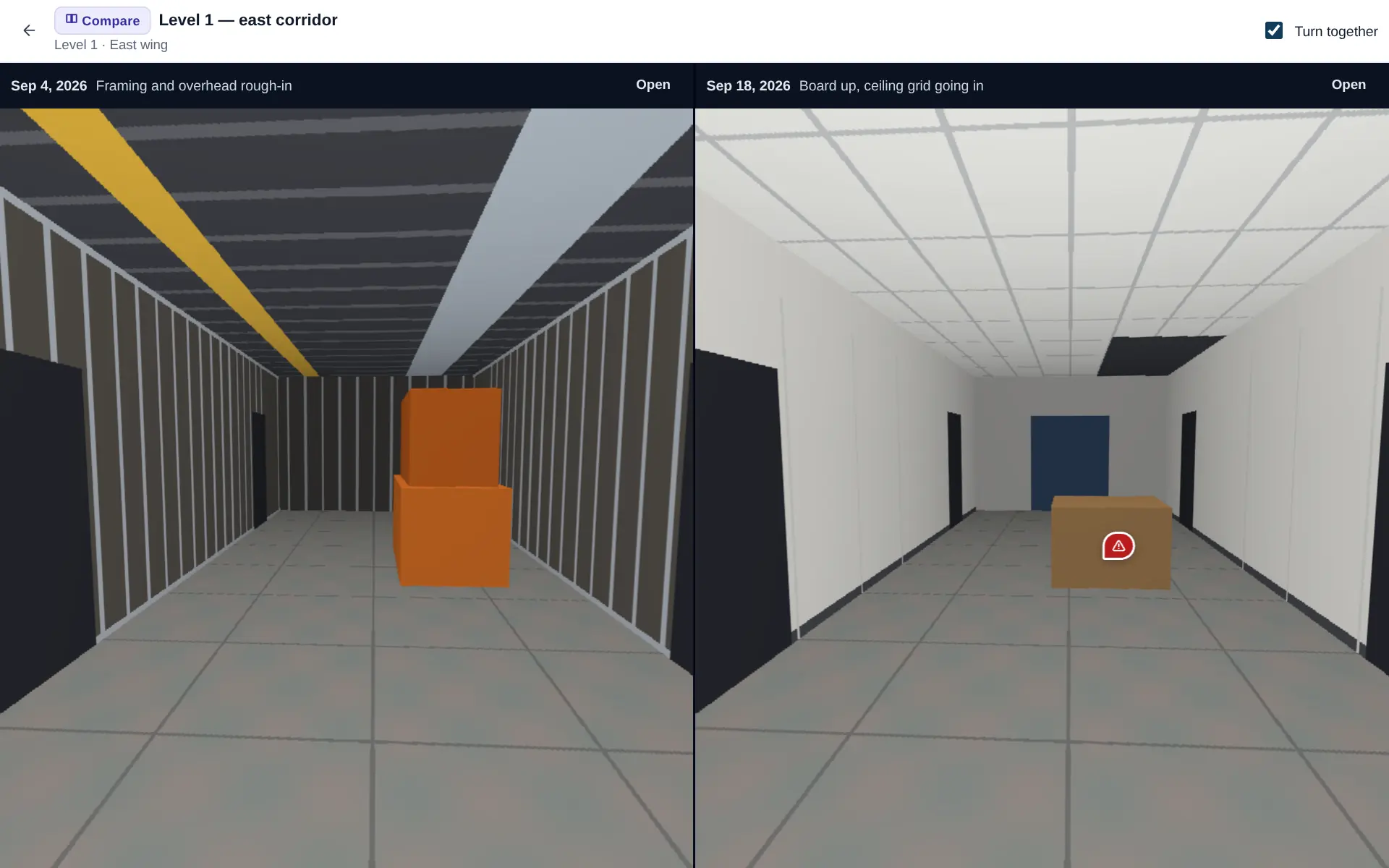 Two 360 photos of the same corridor side by side: on the left, metal stud framing and open ceiling; on the right, finished walls and a ceiling grid, with an issue pinned on a pallet left in the corridor.